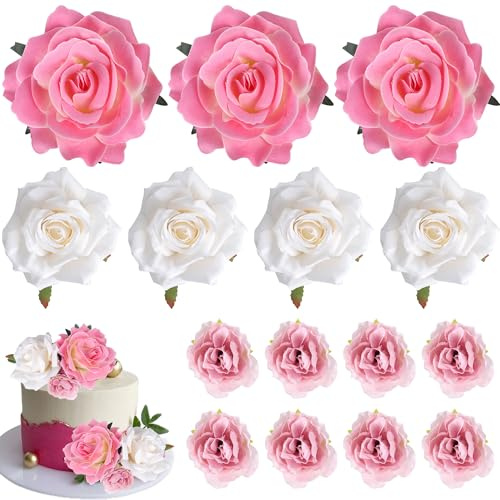SYKYCTCY 10 Pack Artificial Rose Flower Cake Toppers Artificial Flower Heads Cake Picks Fake Flowers Cake Decorations for Baby Shower Girls DIY Birthday DIY Wedding Party Supplies