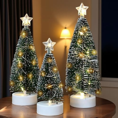 3 Stück Kleiner Weihnachtsbaum mit LED Beleuchtung, Tabletop Mini Künstlicher Weihnachtsbäume mit Warmweiße und Schnee, 17/20/23cm Tannenbaum Dekoration Geschenke für Home Office Weihnachten