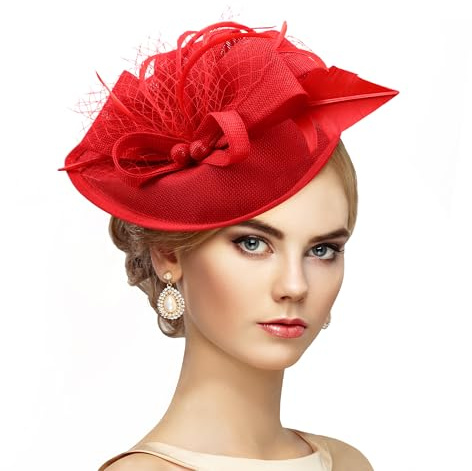 ETOFETE Damen Fascinator Kopfschmuck Haarreif für Karneval und Fasching Tea Party Hutte mit abnehmbarer Kopfband Leichte Feder und Polyester Rot