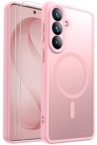 for Samsung Galaxy S26 Case Magnetic Shockproof, Full Camera Protection, Fit for MagSafe, with Screen Protector X2, Translucent Anti-Fingerprint Case for Samsung Galaxy S26 (Pink)