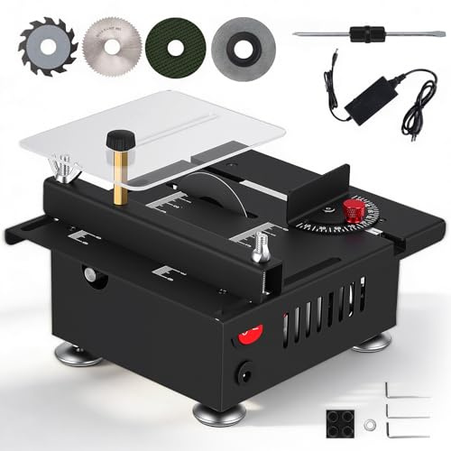 Eirolace 100W Mini Sega da Tavolo con 4 Lame, Multifunzionale Levigatrice da Tavolo per Lavorazione del Legno, 7 velocità Regolabile Altezza della Lama Regolabile
