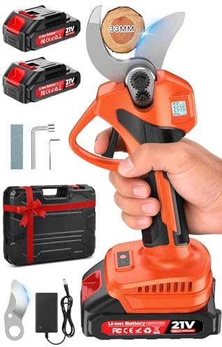 Tijeras de Podar Eléctricas, 33mm Tijeras de Podar Bateria con 2 x 2 Ah Baterías,21V Motor Sin Escobillas,Pantalla LCD y SK7 Cuchillas, Ligera Tijeras Podar para Jardinería, Árboles Frutales, Rosales