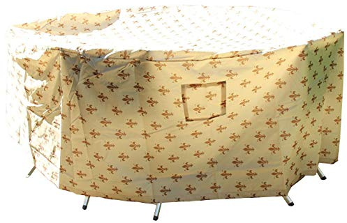 AFP Gartenmöbel Schutzhülle runde Tischgruppe, Lilien-Design, beige, Ø 120cm - Gartenmöbel Abdeckung WOODSAFE - atmungsaktive Schutzhaube/Abdeckplane / 2 Jutesäckchen Gratiszugabe