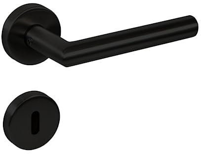 Gedotec Door Fitting Stainless Steel Door Handle Set Room Door Handle on Round Rosette L Shape BB Deadlock Door Handle Stainless Steel PVD Black 1 Set Door Handle Set with Mounting Material