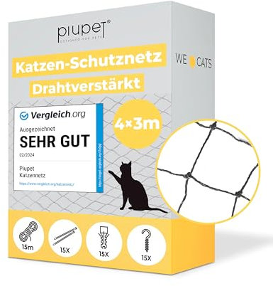 PiuPet® Katzennetz Drahtverstärkt I 4x3m I schwarz I Befestigungsset inklusive I Katzennetz für Balkon | Katzengitter Fenster | Katzen Fensterschutz