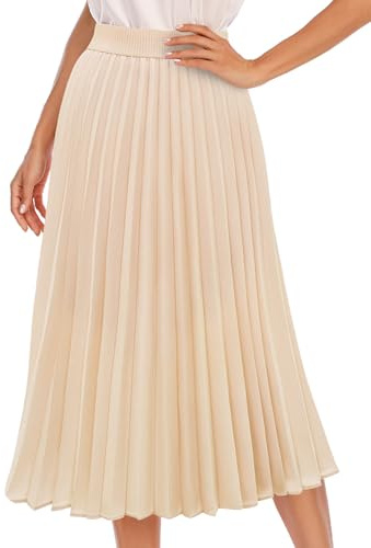 DRESSTELLS Women's Pleated Skirts Midi Length Long Elastic High Waisted A-Line Summer Flowy Chiffon Work Office Skirt 2026 Champagne L