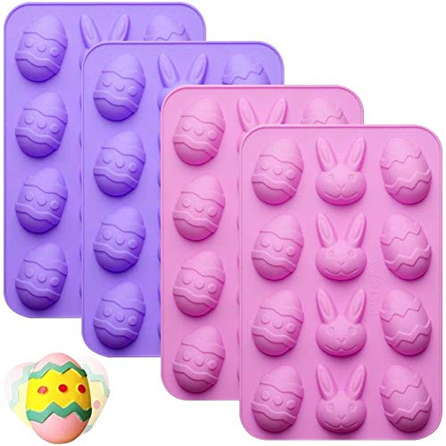 MZSM Ostern Silikonform Osterhase Ostereier Backform Kuchenform 3D Seifenform Silikon Schokoladenform Hitzebeständige für Osterdeko 12 Gitter 4 Farbe (gelb blau lila Rosa)