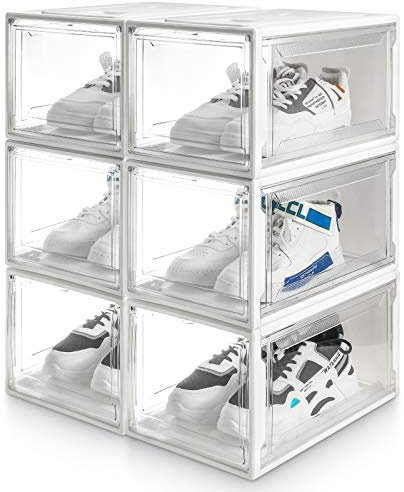 Yorbay 6er Set, Schuhbox Schuhregal, stapelbarer Schuhorganizer, plastikbox mit durchsichtiger Tür, Schuhaufbewahrung, für Schuhe bis Größe 48, Super transparent weiß