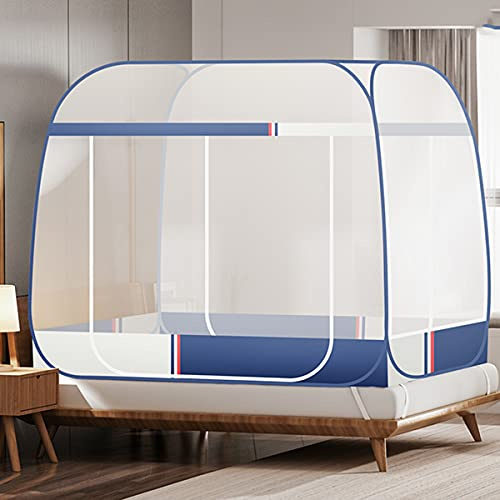 JT2D Tragbares Moskitonetz für Bett und Reisen, Pop Up Faltbares Insektenschutz mit Unterseite für Erwachsenenbett, Doppelte Tür Baldachin,Blue1,150x195x155cm