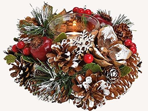 Weihnachtskranz mit Windlicht Kranz aus Holz Glas und Kunststoff - winterlicher Dekokranz (Windlicht - Ø 18cm) Weihnachtsdeko Adventskranz Tischdeko Dekoration Kerzenhalter Wohnzimmer Geschenkidee