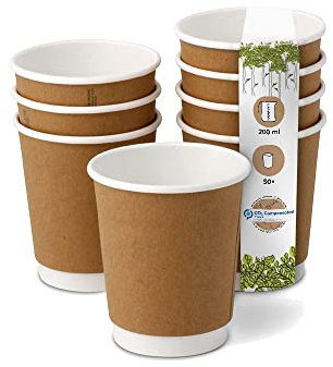 BIOZOYG 50 Stück Kaffeebecher isolierte Pappbecher 200ml / 8 oz Ø 80 mm weiß/braun - doppelwandig plastikfrei nachhaltige Materialien - Einwegbecher Glühweinbecher