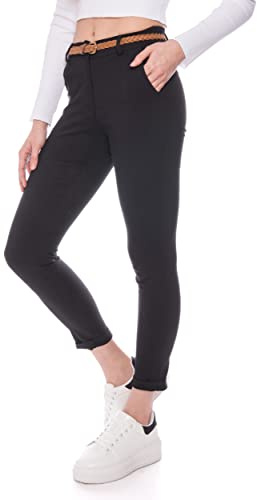 Kendindza Chino Damen Hose Stretch mit Gürtel Stoffhose Damen elegant lang