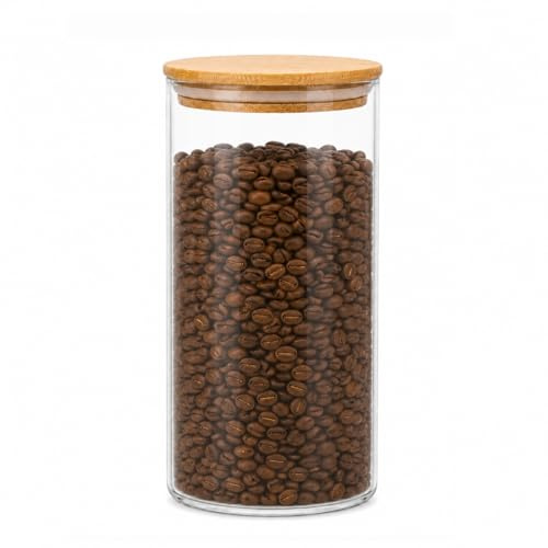 Glass Storage Jar with Bamboo Lid, 1200ml Clear Kitchen Canister for Coffee Beans, Tea, Sugar and Dry Food, Pantry and Countertop Storage