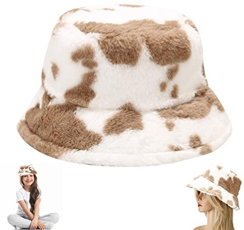 FASSME Kuh-Fischerhüte, Kunstfell, Fell-Fischerhut für Winter und Herbst – breite Krempe, weiche Damen-Plüschkappe, warmes Kunstfell, Outdoor-Fischerhut, modisch, cool, verstellbar für Winter und