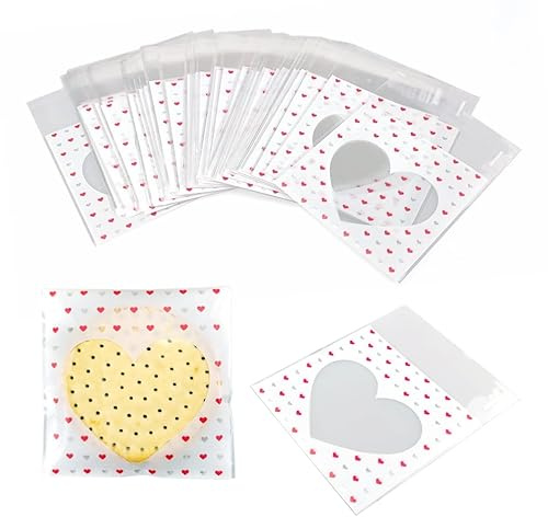 SaktopDeco 100 Stück transparente Zellophanbeutel, rotes Herz, Valentinstag, selbstverschließend, Geschenktüten für Partyzubehör