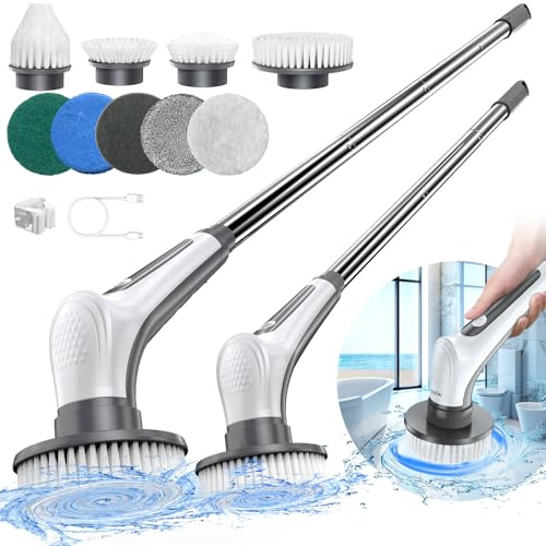Brosse rotative électrique 10 en 1 Airpher sans fil IPX8 avec 9 têtes de brosse remplaçables et poignée amovible à 4 niveaux, brosse à récurer pour salle de bain, baignoire, carrelage, sol, cuisine,