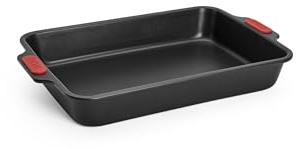 Ull Bakeware rektangulär bakform, 33 x 23 cm, med värmebeständiga silikonhandtag upp till 230 °C, PFAS-fri, dubbelskikts non-stick-beläggning, aluminiserat stål, svart