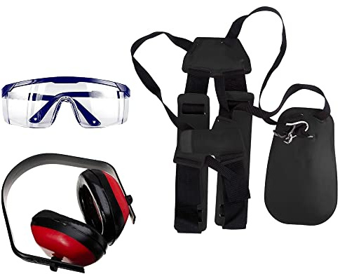 Kit Cintura Per Decespugliatore Con Cuffie Antirumore e Occhiali Protettivi Da Lavoro Set Composto Da Tracolla Cinghia Doppia Regolabile Occhiali Antigraffio Di Sicurezza Cuffie Per Proteggere Udito
