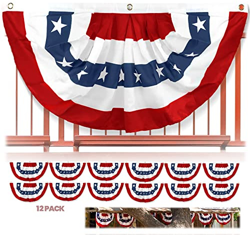 Anley USA Drapeau de ventilateur plissé, 1,5 x 0,9 m Drapeau américain US Bunting Patriotic Stars & Stripes – Couleurs vives et résistant à la décoloration–États-Unis Demi fan bannière (lot de 12)
