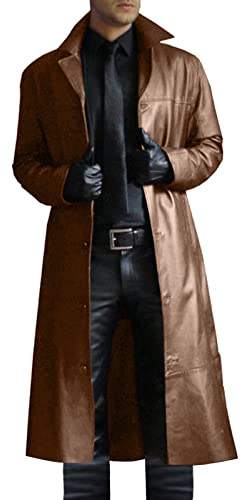 HAOLEI Mens Leather Trench Coat, Leather Full Length Windbreaker Gothic Faux Leather Steampunk Overcoat Sale Clearance Winter Casual Outwear Lapel Motorcycle Long Trench Coat