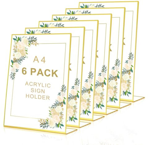 POERMA Espositore A4, 6 Pezzi Espositore con Ordi Dorati, Porta Cartelli in Acrilico A4, Porta Menu da Tavolo a Forma di L, Porta-avvisi da Tavolo A4