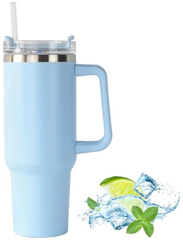 JFABL 40 oz Tumbler with Handle and Straw Lid, Stainless Steel Vacuum Insulated Travel Coffee Mug Cup, Double Wall Metal Water Bottle Keeps Maintains Cold Heat and Ice for Hours,1182ml (Light Blue)