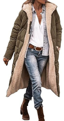 Runstarshow Winter Longline Fleece Lined Jacket for Women UK - Padded Hooded Coat With Pockets, Quilted Warm Outerwear, Casual Trench Full Zip Overcoat, Plus Size S-XL