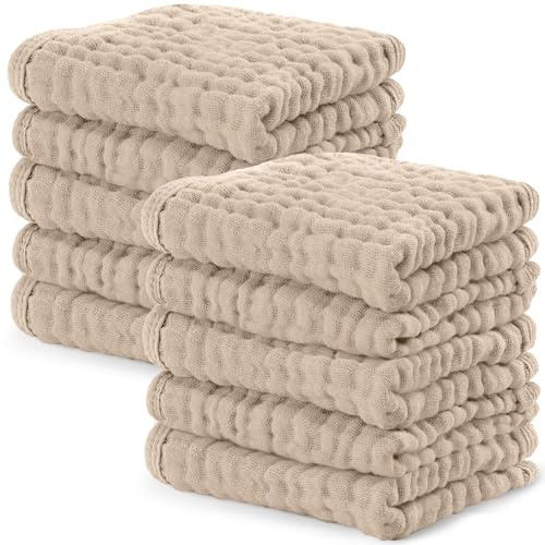 Bekväma ungar muslin baby tvättlappar 10-pack – mjuka 6-lagers bomullstvättdukar för känslig hud – 25 x 25 cm stora, skonsamma, absorberande nödvändigheter för nyfödda och småbarn – sand