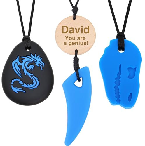 Panny & Mody Personalisierte sensorische Kau-Halskette für Kinder & Erwachsene, sichere Silikon-Käse mit Breakaway-Verschluss, personalisierte orale Motorhilfe für Angst- und Stressabbau, Drachenblau