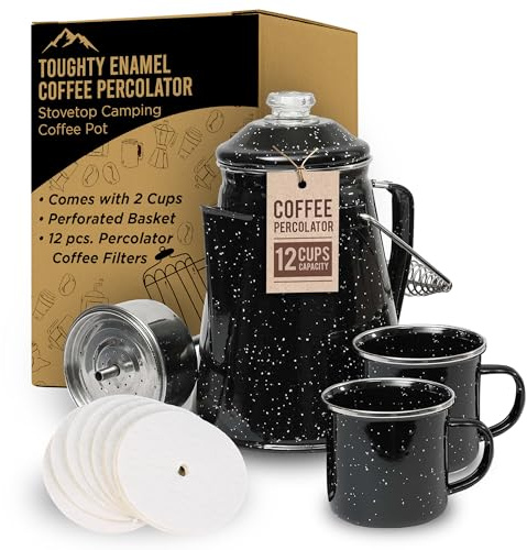 Toughty Enamel Coffee Percolator - Stovetop Coffee Maker for Camping, Open Fire, Grill, or Stove - Vintage Coffee Pot - Durable Old-Fashioned Metal Percolator w/ 2 Cups & 12 Coffee Filters - Black