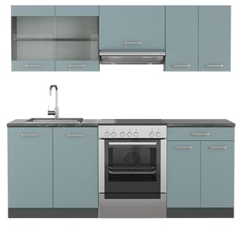 Vicco Küchenzeile R-Line, Blau-Grau/Anthrazit, 200 cm | 5 Module · Höhenverstellbare Füße · Ohne Arbeitsplatte · Robuste Fronten · Mit Glasschrank · Frei kombinierbar