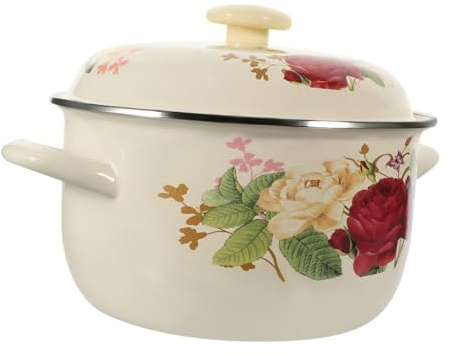 OUNONA Emaillierter Vintage Suppentopf 20cm Mit Doppelgriffen Milchgehärteter Kochtopf Für Suppe Und Ramen Flacher Boden Für Gleichmäßige Wärmeverteilung Topf Mit Deckel Für Küchenzubehör