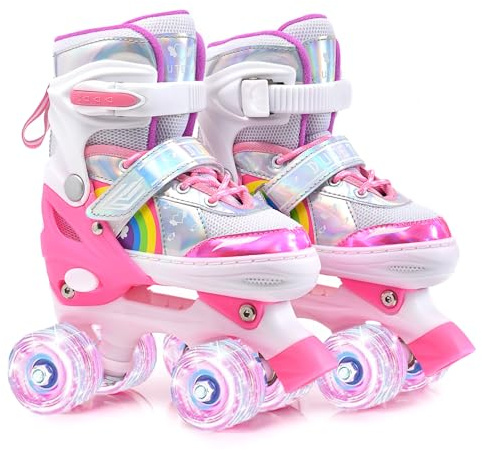 ERNAN Roller skates kids Roller boots,8 Light up Wheels and 4 Sizes Adjustable.Rollerskates for Kids Beginners, Suitable for Indoor Outdoor (Pale pink, M)