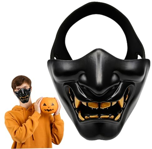Evil Halb Face Oni Maske, Dämon Untergesicht Schutz Samurai Mask, TPU Golden Halloween Halb Gesichtsmaske für Spiel Halloween Party Schwarz
