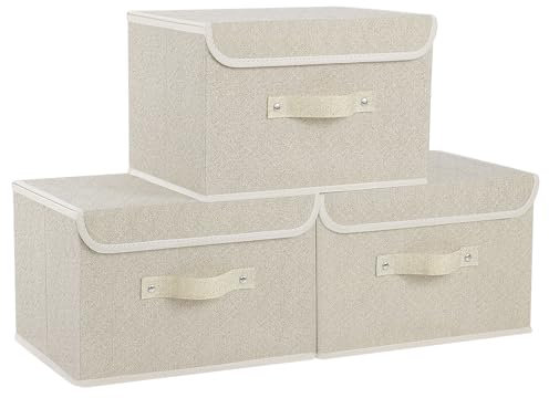 ENUMAIL 3 Pezzi Organizzatore di Vestiti Pieghevoli con Coperchi, Cubo di Stoccaggio in Tessuto con Maniglia, per Casa, Ufficio, Scuola, 33×23×20cm, Grigio Beige