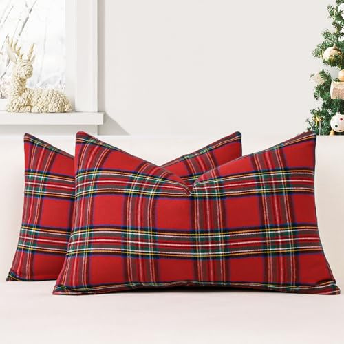 JOTOM 2er Set Weihnachten Schottisches Karo Kissenbezüge, Dekorative Plaid Tartan Wurf Kissenbezug Sofakissen Dekokissen Zierkissenbezug für Wohnzimmer Schlafzimmer Deko (40x60cm, Rot+Grün)
