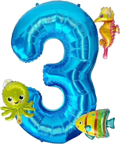 4Pcs Meerestiere Ballons, 40 Inch Luftballon 3 Geburtstag, Meerestiere Folienballon, Ozean Deko, Geeignet für Kindergeburtstage und Ozean Themenpartys