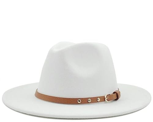 KXQYIKYI Klassischer Fedora-Hut für Damen mit breiter Krempe und Gürtelschnalle, Woll-Panama-Filzhüte (Farbe: Weiß, Größe: Einheitsgröße)