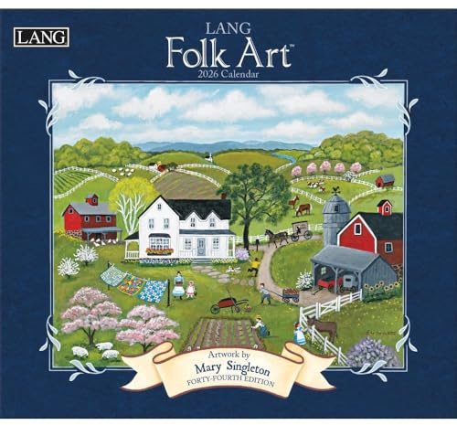 Lang Folk Art 2026 Wall Calendar – 13.4 × 12, 12-Month Calendar with Stapled Binding, Linen-Embossed Folk Art by Mary Singleton, Rural American Scenes