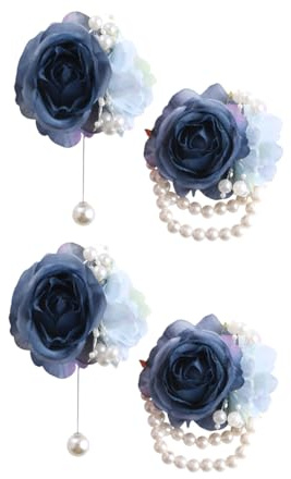 Wrist Corsage Boutonniere Set Floral Bead Hand Flower Dusty Blue Satin Roses for Bridesmaids Weddings Prom Boho Bridal Party Suit Pin Decor