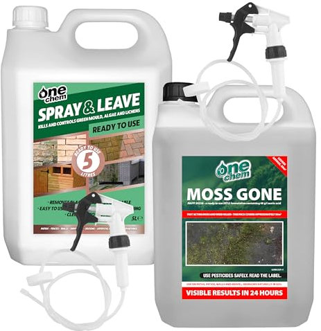One Chem - 5L Spray and Leave Ready to Use - 5L Moss Gone Moss Killer - 2 x Long Hose Trigger Spray