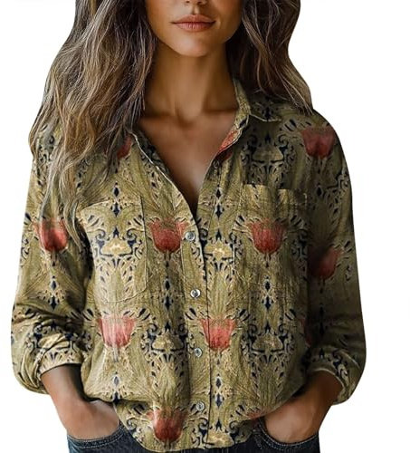 Camicia in flanella da donna 2025 Natale manica lunga camicia da donna in cotone stampata camicie button down alla moda top casual manica lunga blusa magliette colorate da donna, cachi, XXL