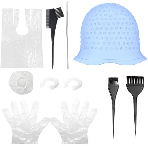 LUMOOM Lot de 11 bonnets à mèches réutilisables en silicone, avec aiguille et trous, avec 3 pinceaux, pour salons de coiffure et familles (bleu)
