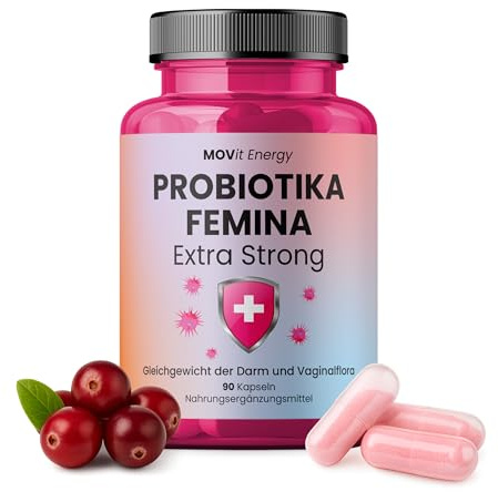 MOVit Probiotika FEMINA EXTRA STRONG, Spezieller Komplex für Frauen mit 5 Stämmen, 10 Mrd. KBE pro Tagesdosis, Mit Preiselbeeren & Inulin, Unterstützt Darm-, Harn- & Intimflora - 90 Kapseln