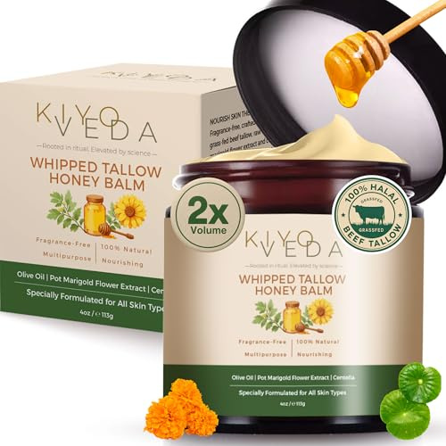 KiyoVeda Beef Tallow Honey Balm – Calendula & Centella Face & Body Moisturizer – 100% Grass-Fed Tallow, Raw Wild Honey, Organic Olive Oil – Unscented Emollient for Dry, Sensitive Skin – 4oz / 113g