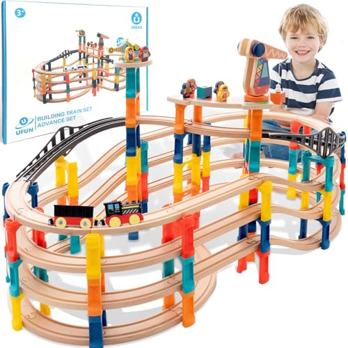 120Pcs Wooden Train Tracks Set, 398-inch Track Expansion, Toddler Railway Bridge Toy Train Set with Airplane and Magnetic Crane, Birthday Gifts for Boys and Girls, Compatible with All Major Brands