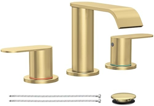 Homevacious Brushed Gold Bathroom Faucet 3 Hole 8 Inch Widespread Waterfall Bathroom Sink Faucets 2 Handles with Pop-up Drain and Supply Lines for Bath Vanity Commercial Lavatory Rv Restroom