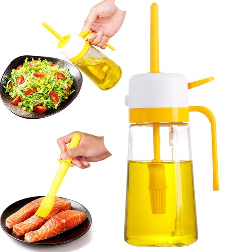 SAINSWIN 16oz/470ml Glass Olive Oil Sprayer for Cooking – 2 in 1 Canola Oil Spray Bottle for Kitchen, Wide-opening Spray Bottle with Silicone Basting Brush, Kitchen Gadgets for Air Fryer, Salad, BBQ