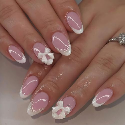 Auroriel 24 pièces ongles courts en amande blanc avec design nœuds et perles faux ongles réutilisables pour femmes manucure DIY couverture complète