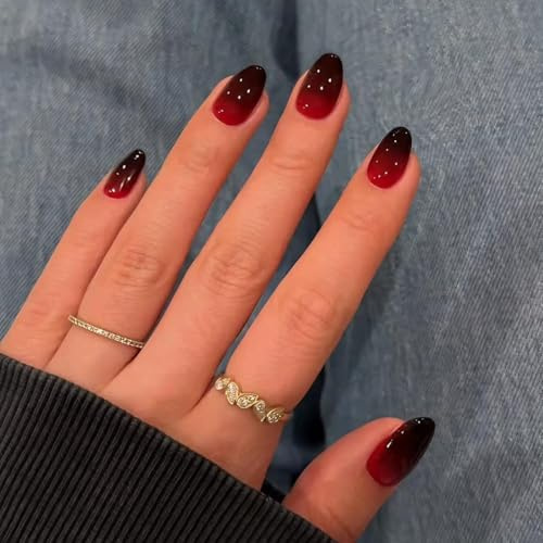 KQueenest Soft Gel Press on Nails Kurz – Ombré Rot Schwarz Nägel zum Aufkleben Kurz Runde, French Fake Nails mit Kleber, Glänzend Ombré Rot Mandel Künstliche Nägel Set für Frauen & Mädchen, 24 Stück